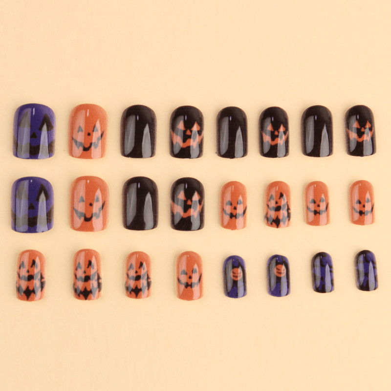 48Pcs-Medium Square Black Orange Purple Halloween Pumpkin Bat Web Press on Nails