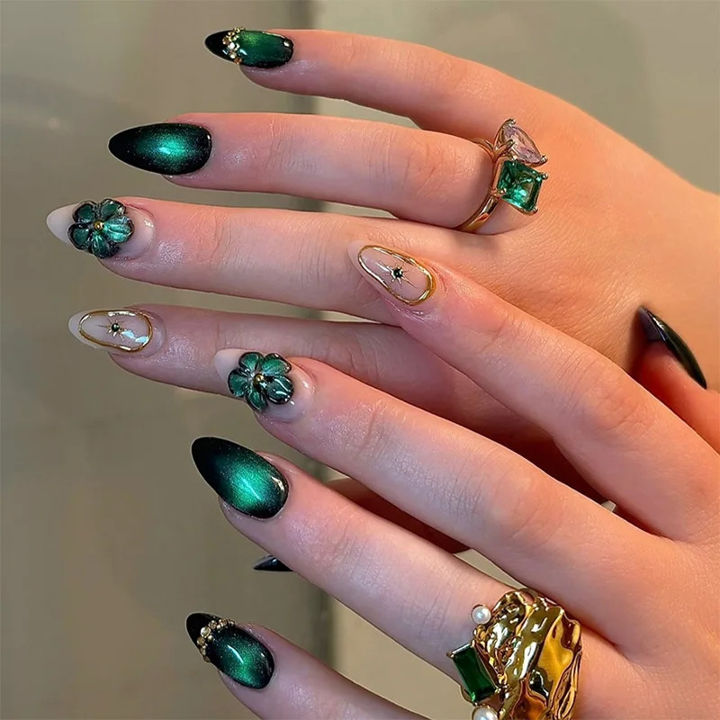24Pcs Y2K Almond Press on Nails:Metal Line Diamond Black Heart Nails