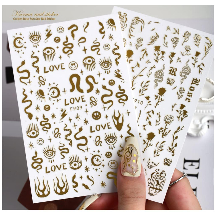 3D Gold Nail Stickers Bronzing Rose Snake Eyes Heart Moon Star Decorations NH22