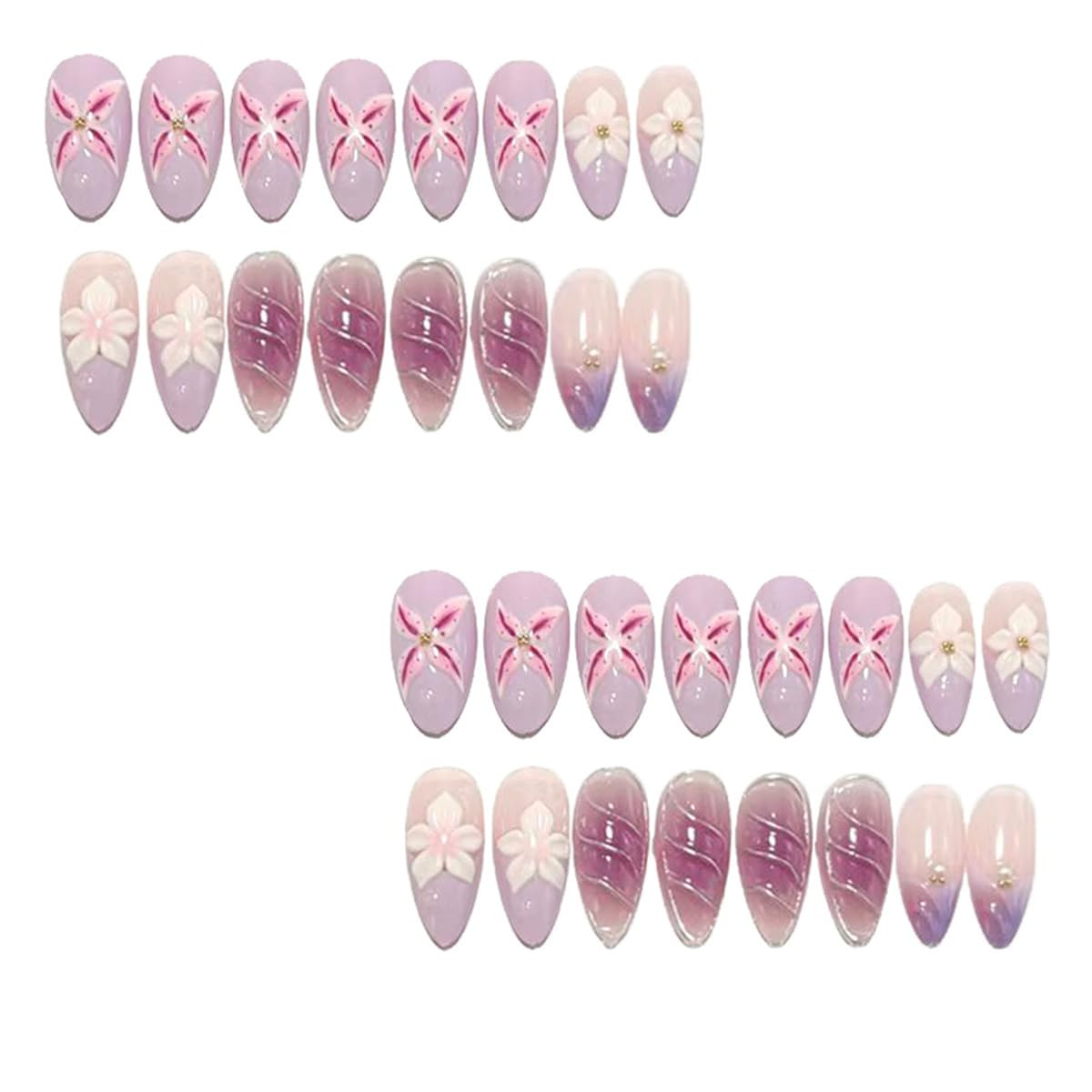 Medium Almond Press on Nails with 3D Flower Pearl Purple French Tip | 24Pcs Nail
