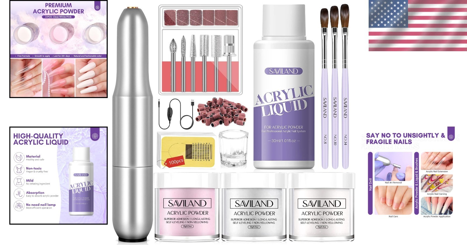 Beginner-Friendly Acrylic Nail Kit with Drill: 100 Forms & 3 Colors Included