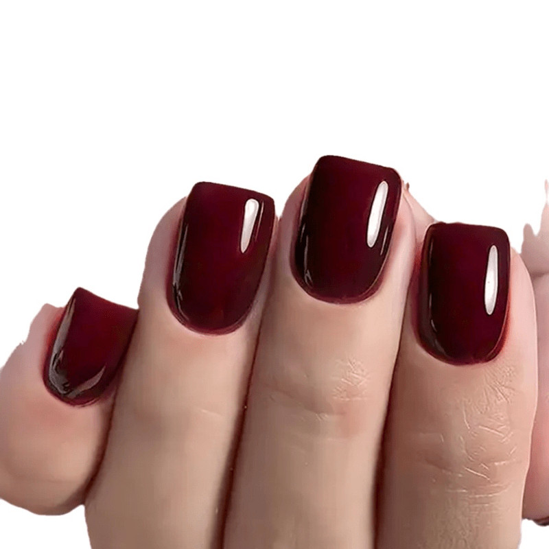 64Pcs Dark Wine Red Short Square Press on Nails, Bright Warm Nude Fake Nails
