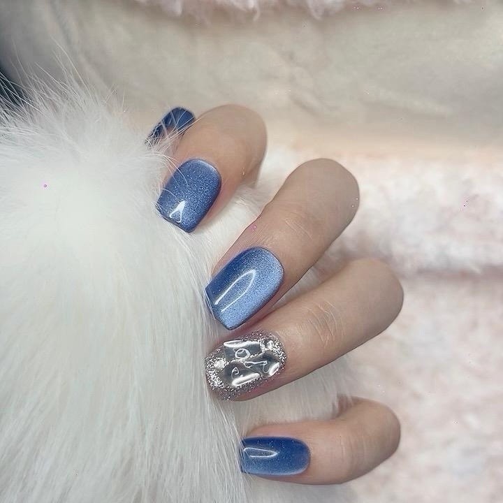 Tipora Press on Nails Short Square Gem-Like Blue Color with Sparkle Design 129