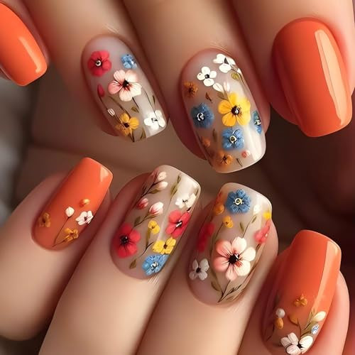 Short Spring Fake Nails Square Flower Press on Nails – SINSEN 24Pcs False