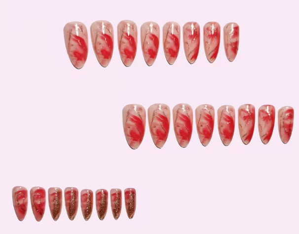 24 Pcs Press-on Nails – Medium Almond Glossy – Pink Marble Print w/Gold Glitter