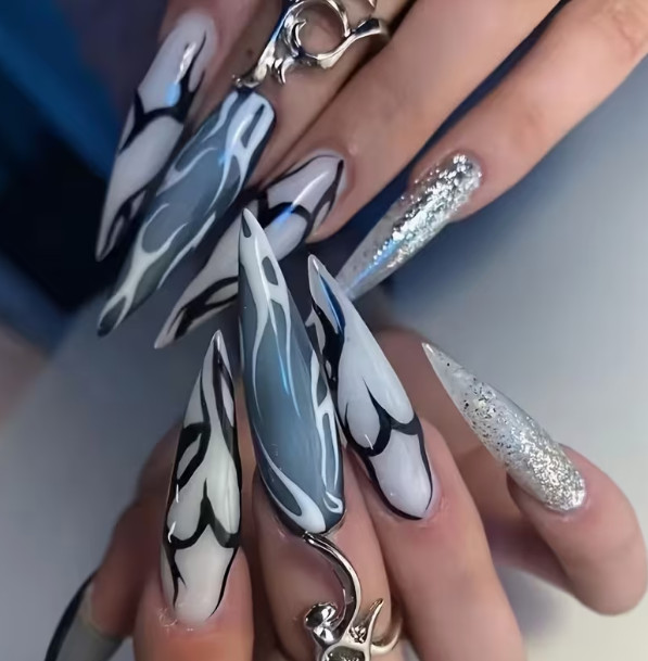 24 Pcs Press-On Nails Long Allmond Glossy – White, Black, Grayish Blue, Glitte