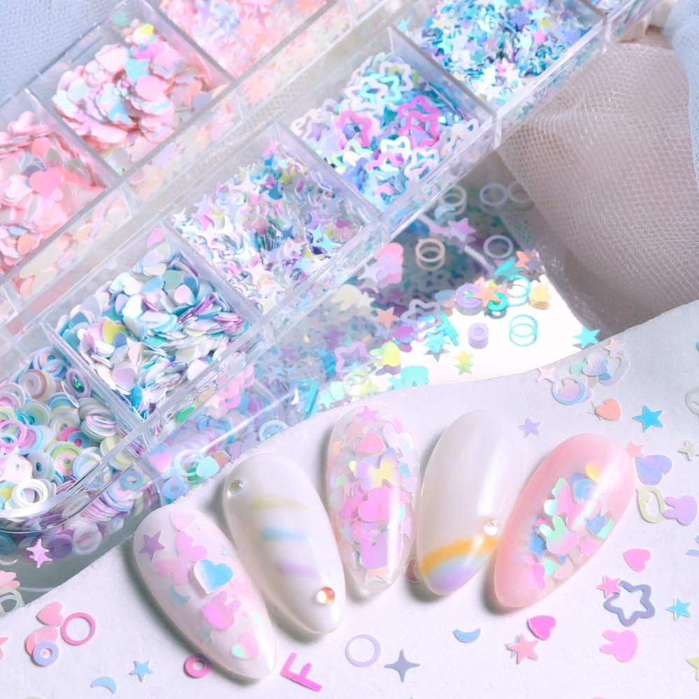 Holographic Nail Art Sequins, Iridescent Candy Colors Nail Confetti, 3D Chunk…