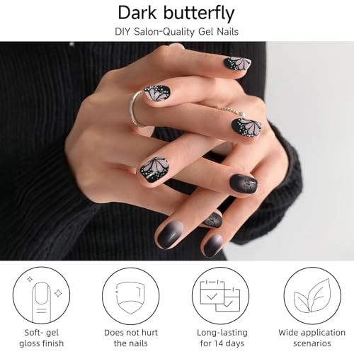 Semi Cured Gel Nail Strips, Dark Butterfly | 28 pcs Gel Nail Strips Work with