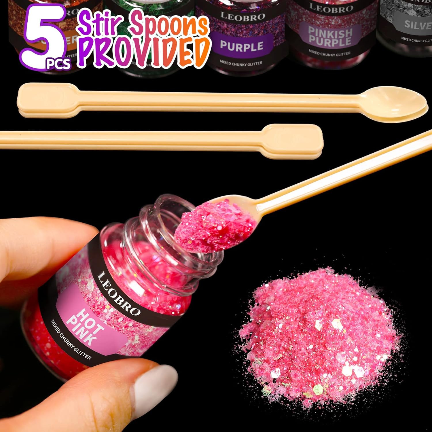 LEOBRO Holographic Chunky Glitter, 15 Colors Craft Glitter for Resin, Nail Body,