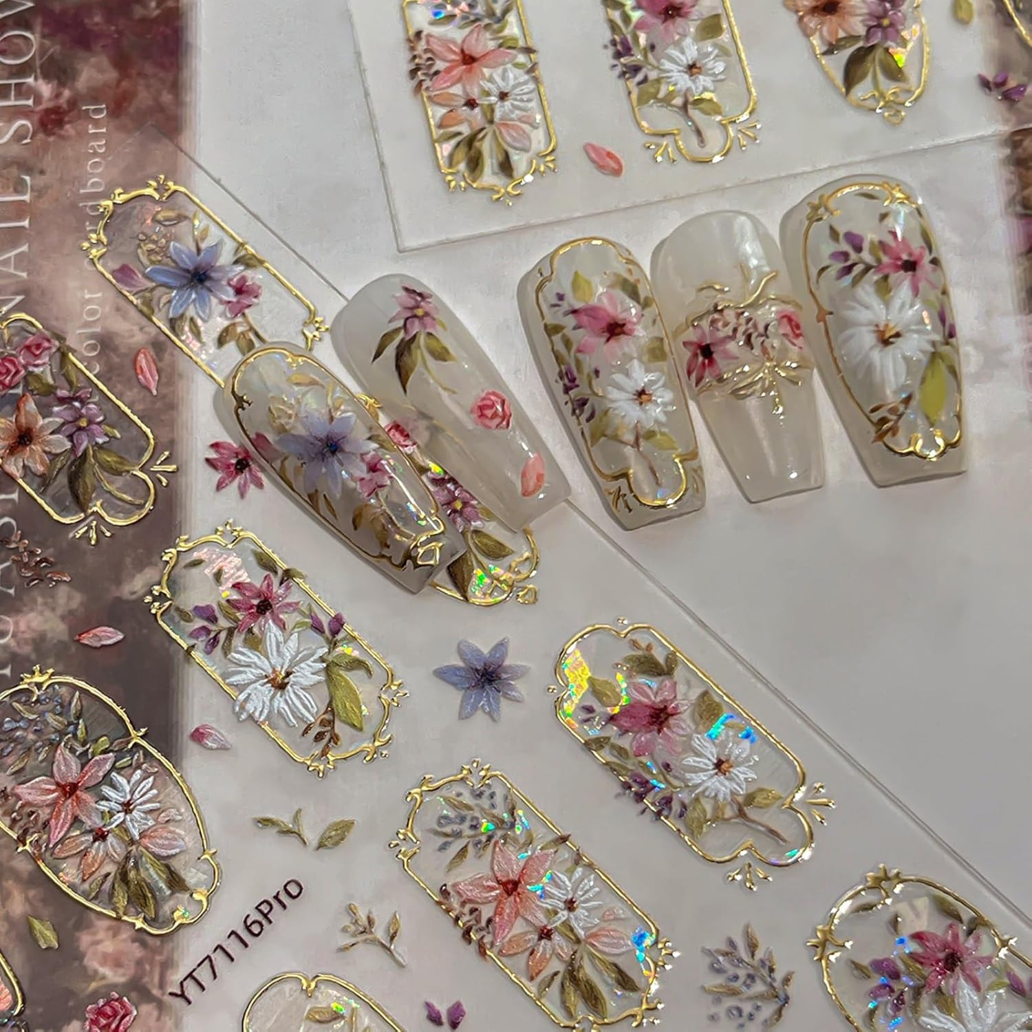 Flower Nail Art Stickers Decals 5D Embossed Golden Edge Flower Nail Stickers
