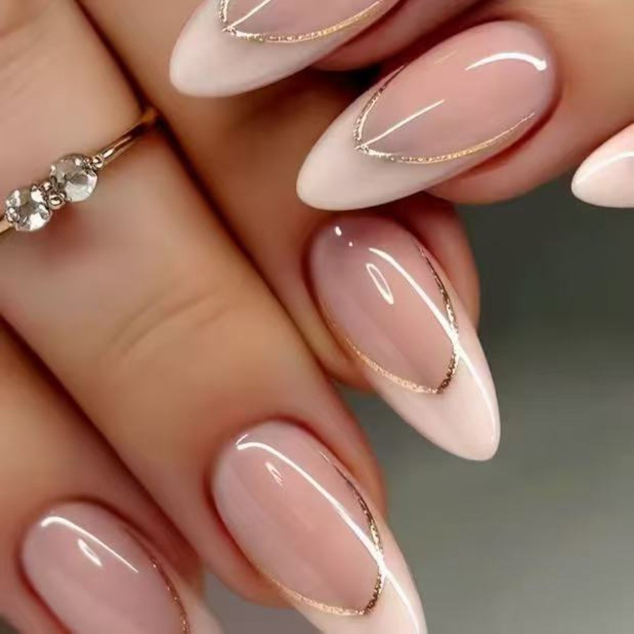 48Pcs-Long Almond Nude White French Thin Gold Line Fake Press on Nails Set