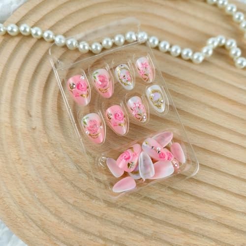24Pcs Pink Press on Nails Short Almond Fake Nails with 3D pink floral charms