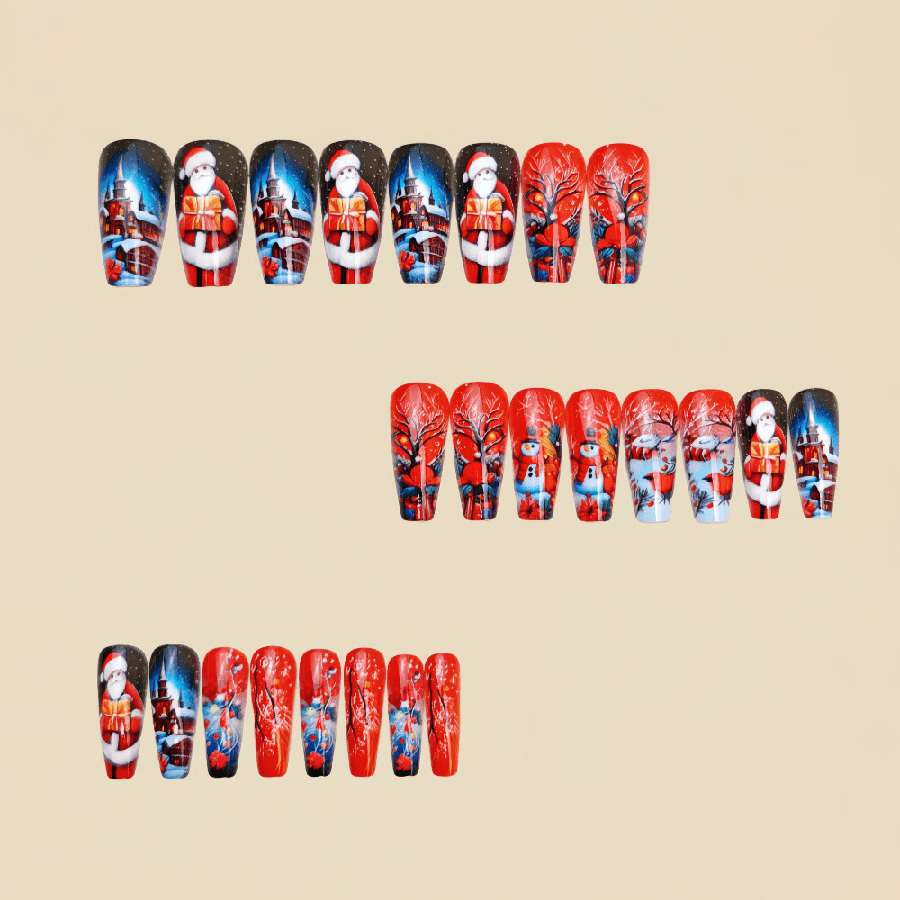 48Pcs Red Xmas Press on Nails Santa Snowman Cabin Hand Painted Fake Nails