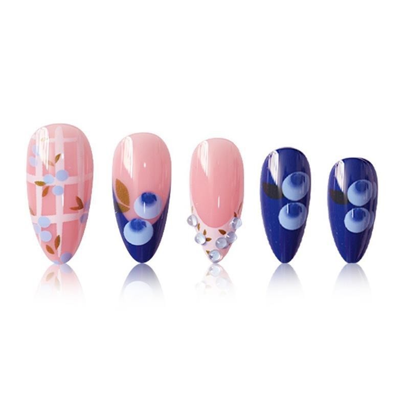 Sweet Almond False Nails Cute Blueberry Plaid Design Press on Nails Wholesale