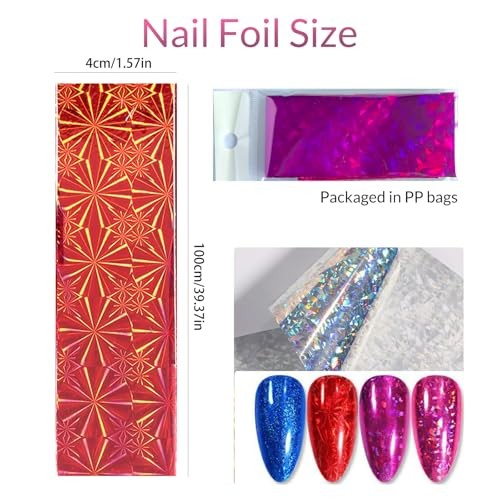 50 Sheets Holographic Nail Foil Transfer Stickers, Red Purple Green Color a