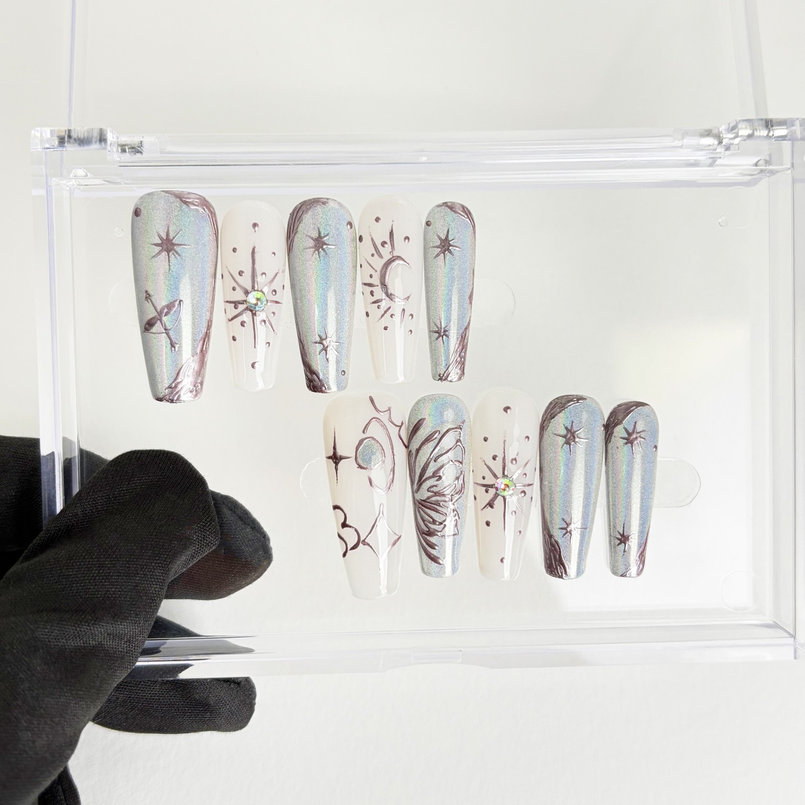 Futuristic Silver Gray Diamond Thorn Coffin Press-On Nails with Metal Details