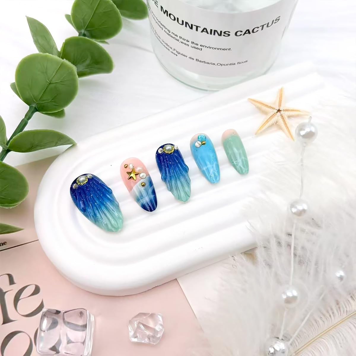 24Pcs Summer Press on Nails Medium Almond Fake Nails Blue Ocean Design 3D Gol…