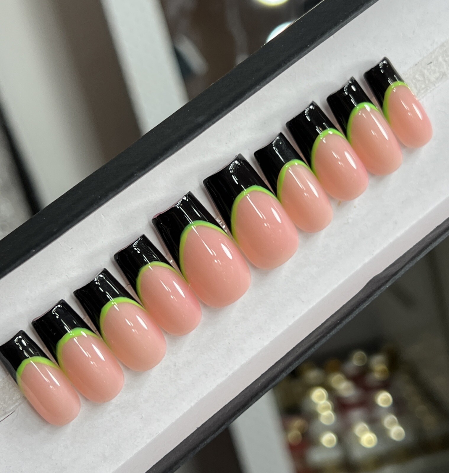 💚🖤 CUSTOM Press On Nails FRENCH BLACK GREEN BLING 10p SET W Kit