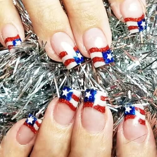4th of July Press on Nails Short Square Fake Nails French Tip False Nails-1