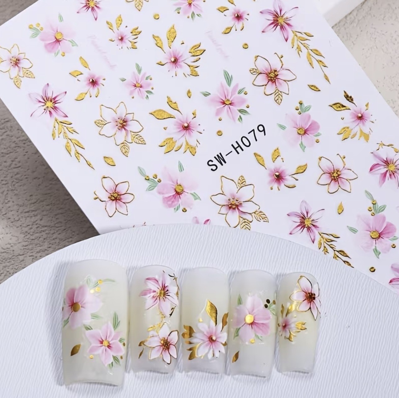 Nail Art Stickers Pink Gold Cherry Blossom Flower Summer Floral Decals H079