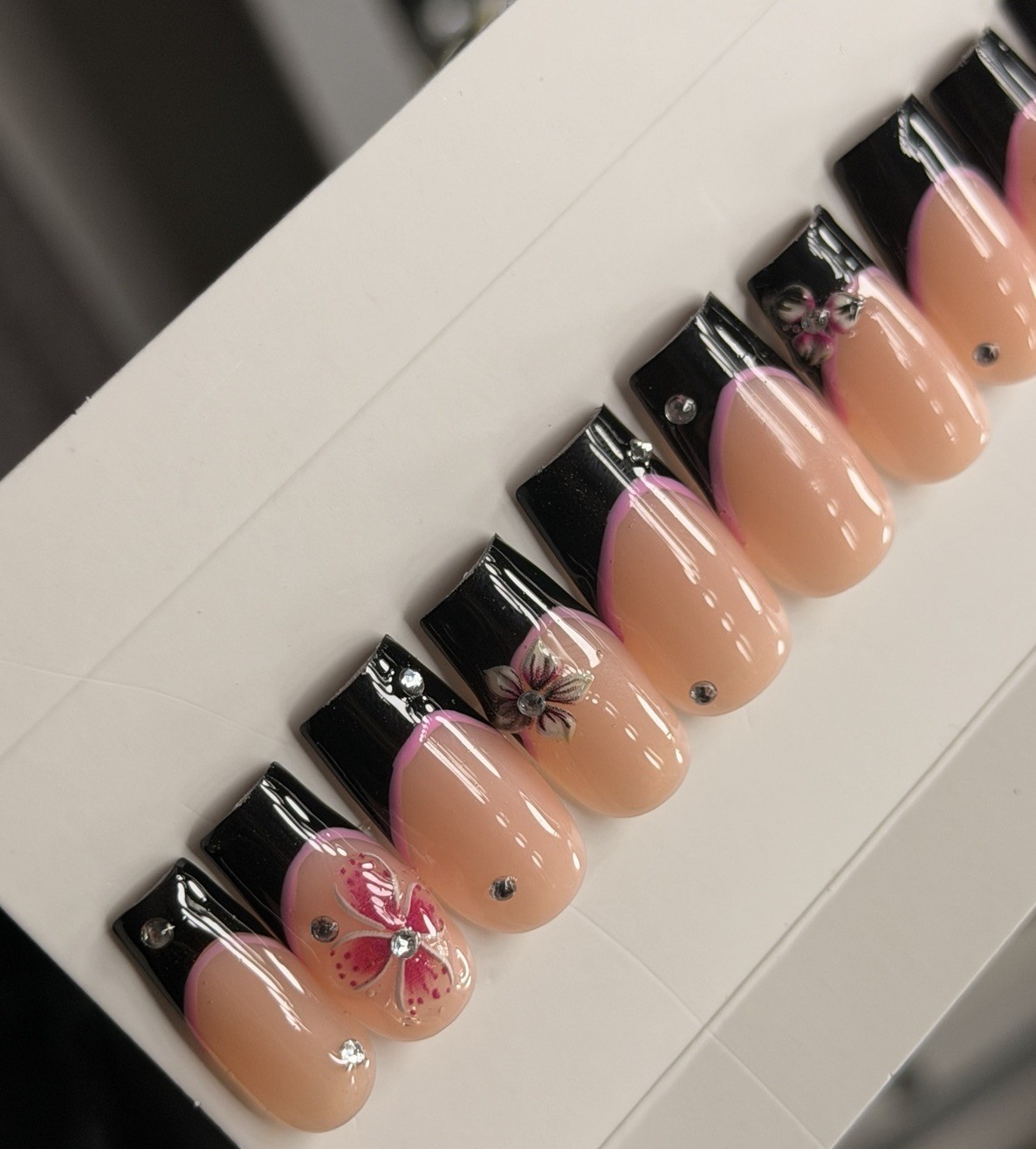🌸 CUSTOM Press On Nails FRENCH BLACK Flower PINK 10p SET W Kit