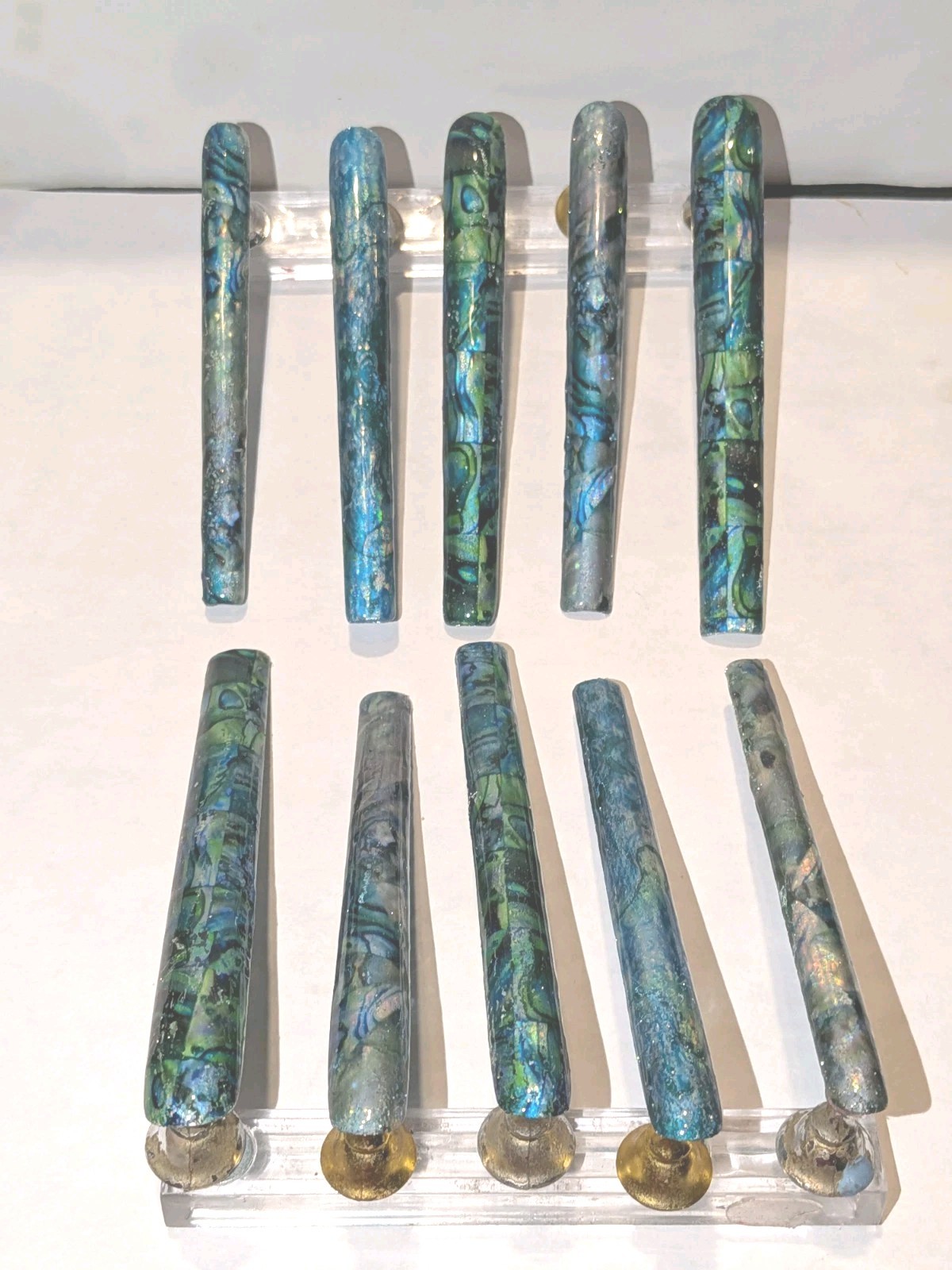 Hand Crafted 6Xl Acrylic Teal and Blue Marble Long Press-On Nails Sz Medium