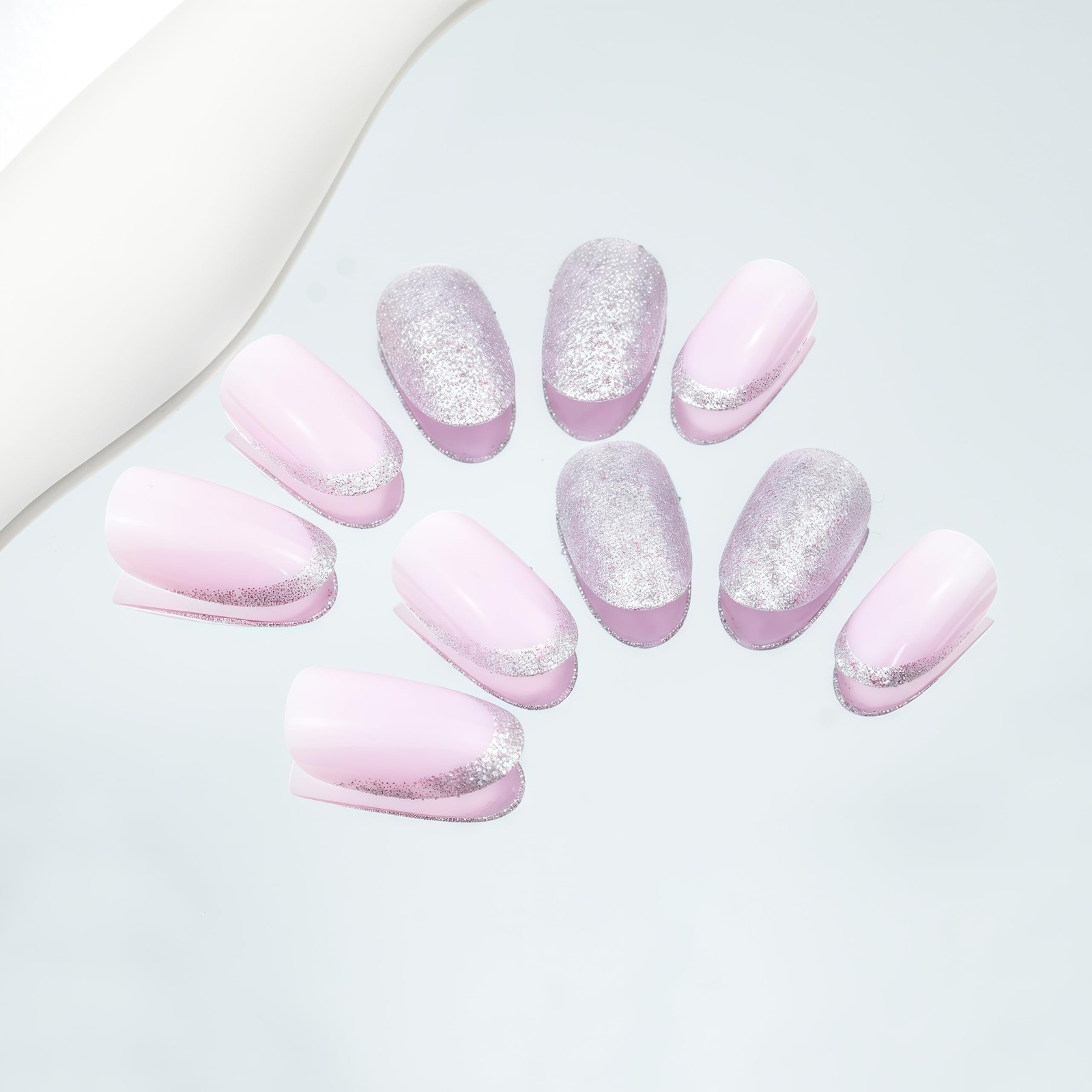 Silver Glitter French Press Nails Short Almond False Multicolor