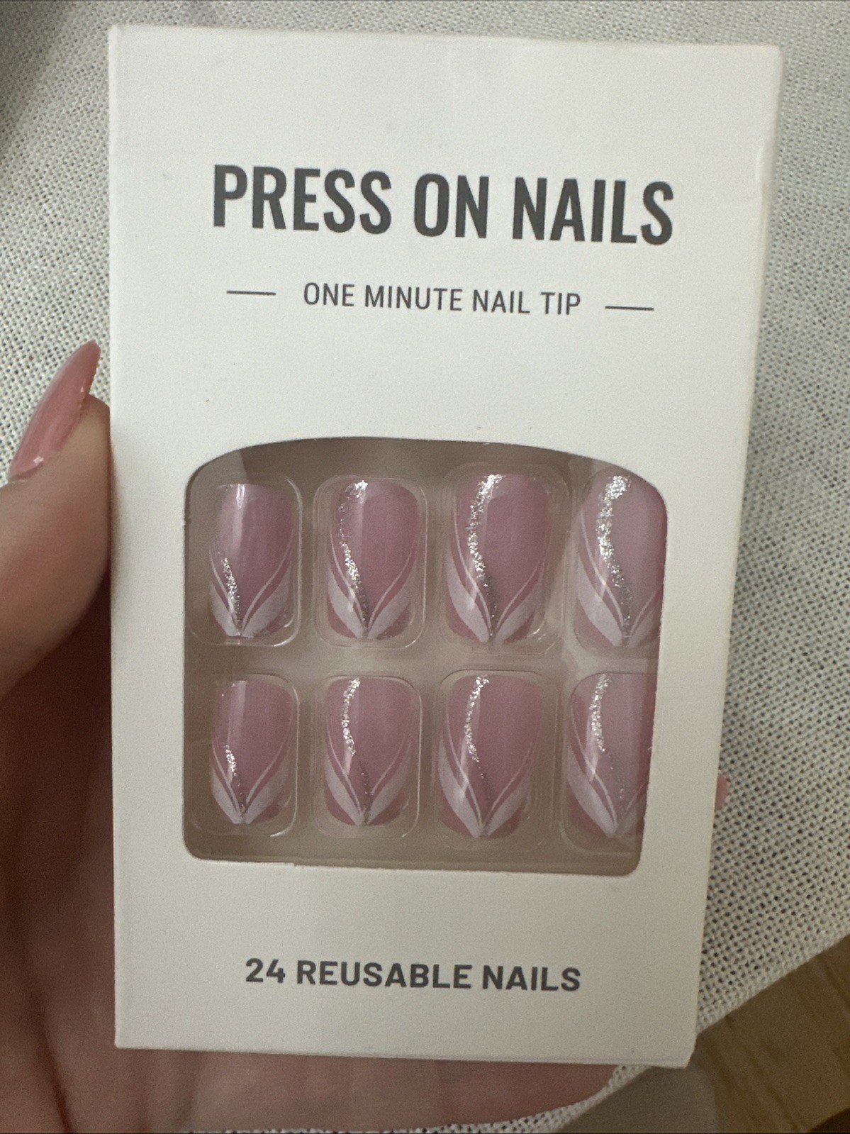 24 Reusable Press On Nails Pink White Silver Swirl Glitter Short Square Nail Set