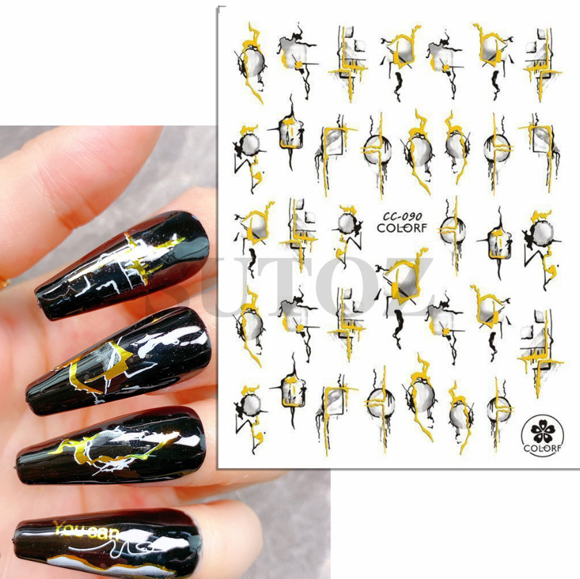 3D Black Gold Bronzing Marble Nail Art Stickers Decals French Line Ink DIY NS43