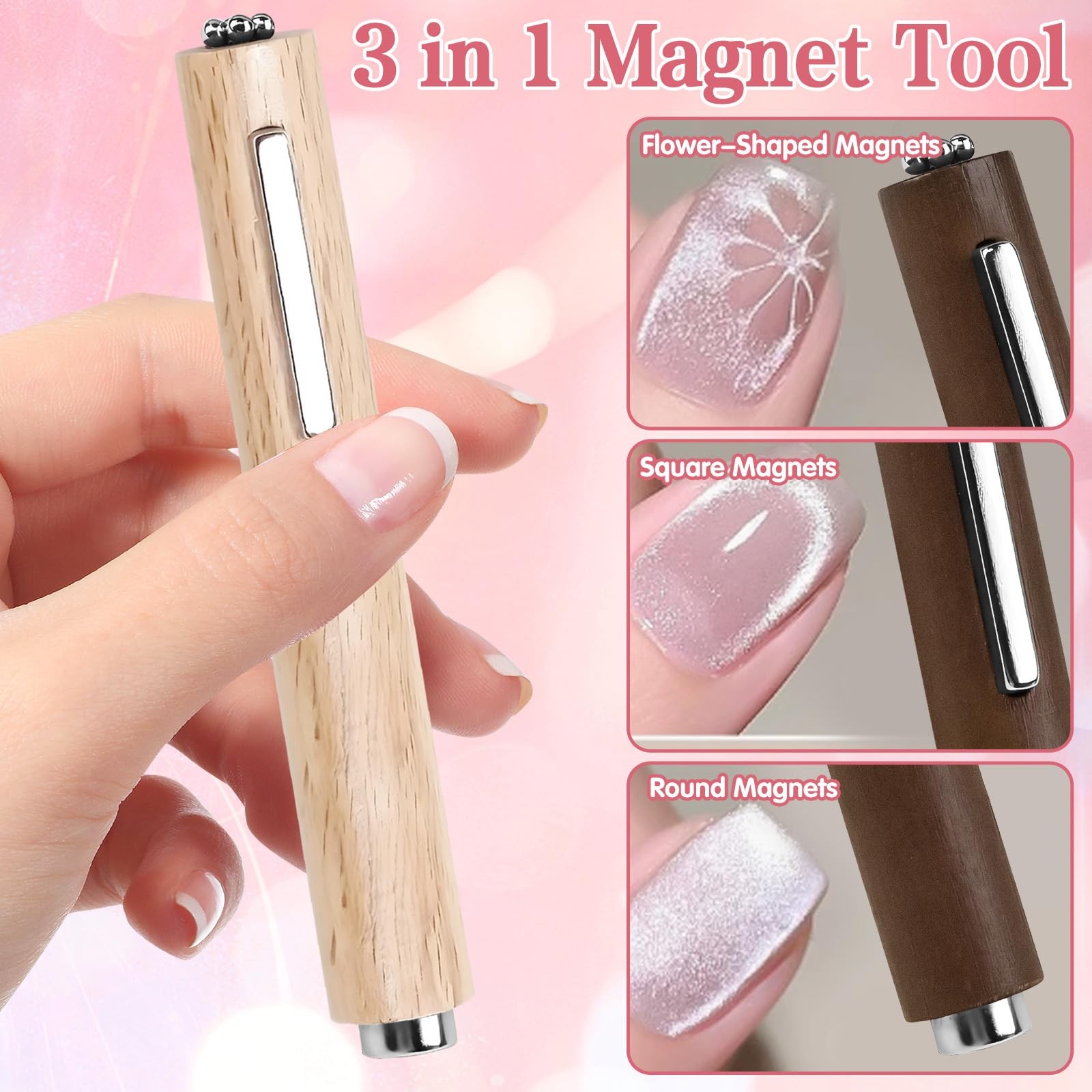 8Pcs 3 in 1 Cat Eye Nail Magnet Tool Set, Wooden Handle Heart Wood color