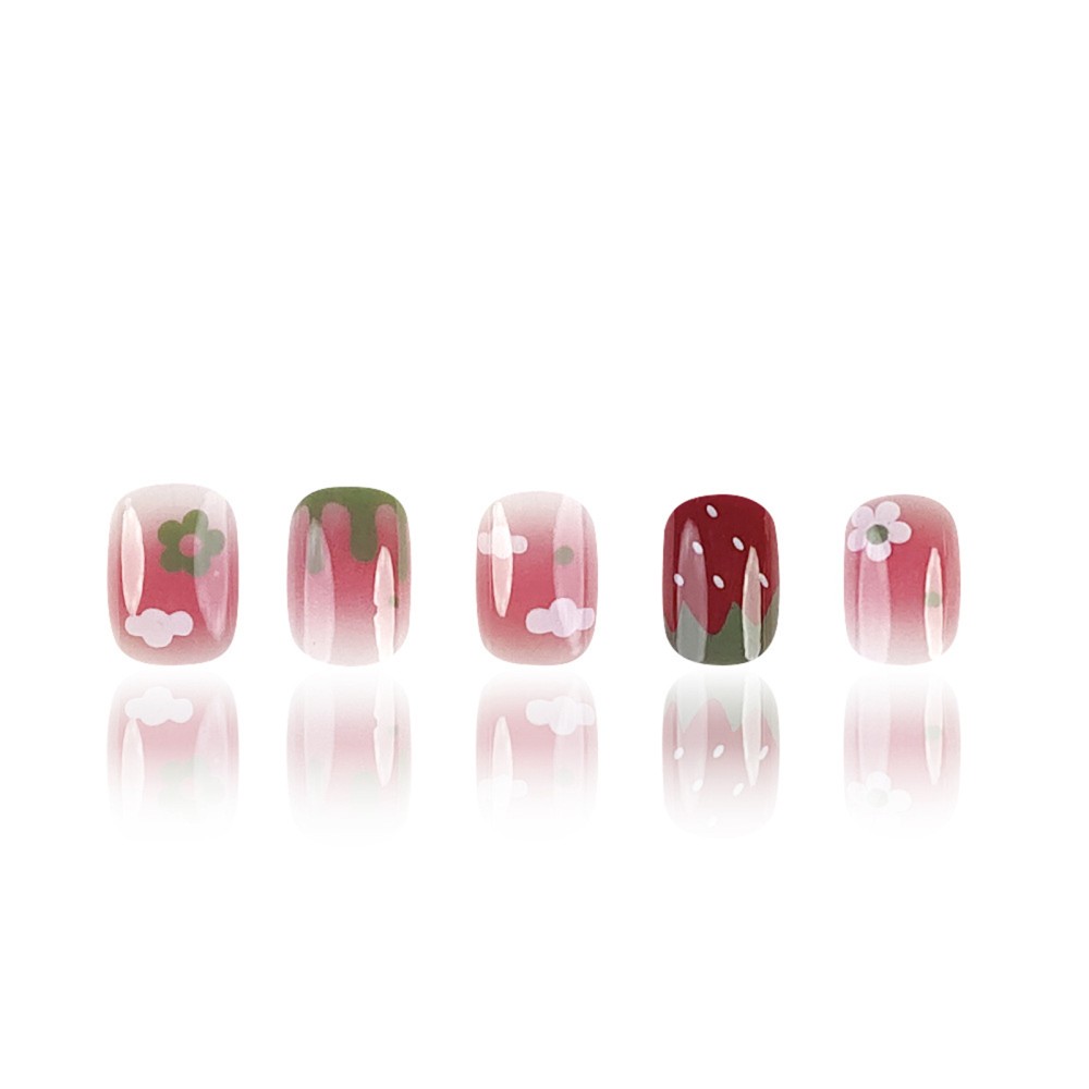 Red Square Fake Nail Blush Pink False Nail with Strawberry Printed Nail Tips
