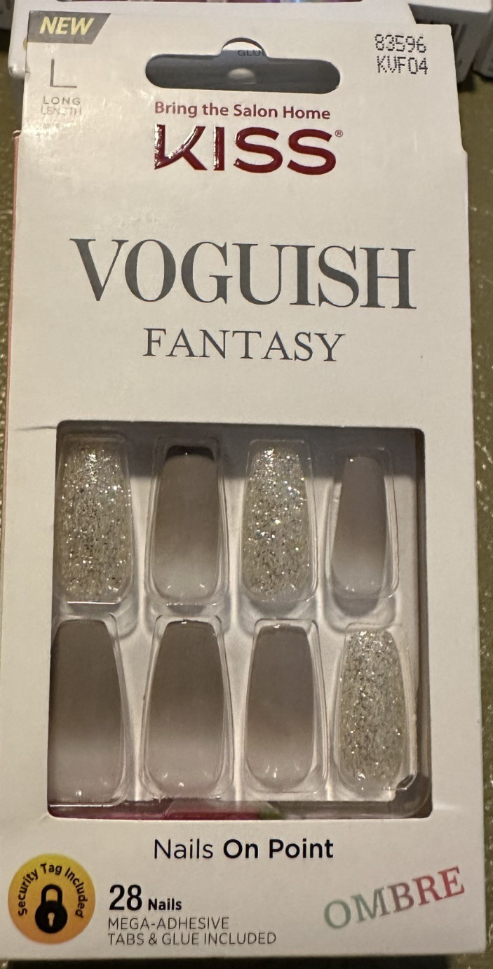 Kiss Nails Gel Fantasy Glue/Press on Medium Ombre Gray Silver Glitter Gloss