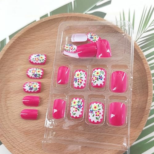 Square Press on Nails Short False Nails with Design Color Flower Green Leaves