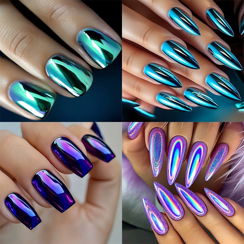 96PCS Metal Mirror Nails Reusable Purple Blue Pink Bottom Pattern Fake Nails
