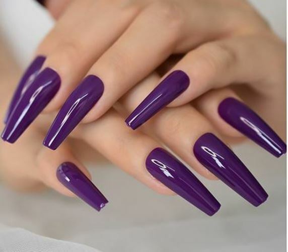 Shiny Deep Purple Long Coffin Shaped Press on Nails