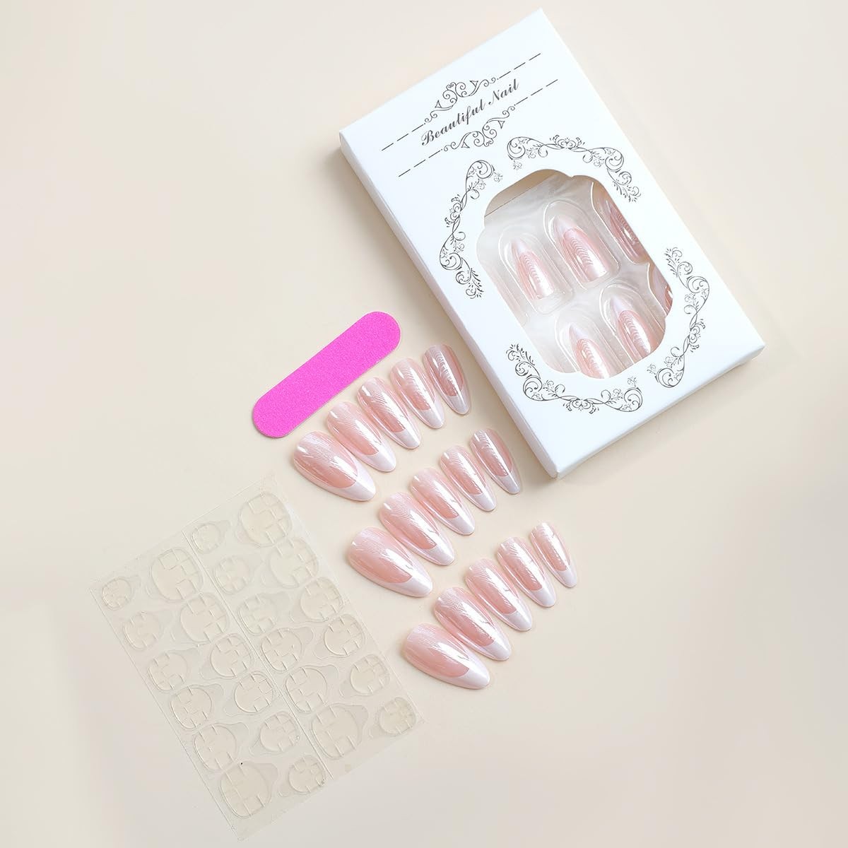 French Tip Press on Nails Almond Fake Nails Medium Chrome Stick on Nails
