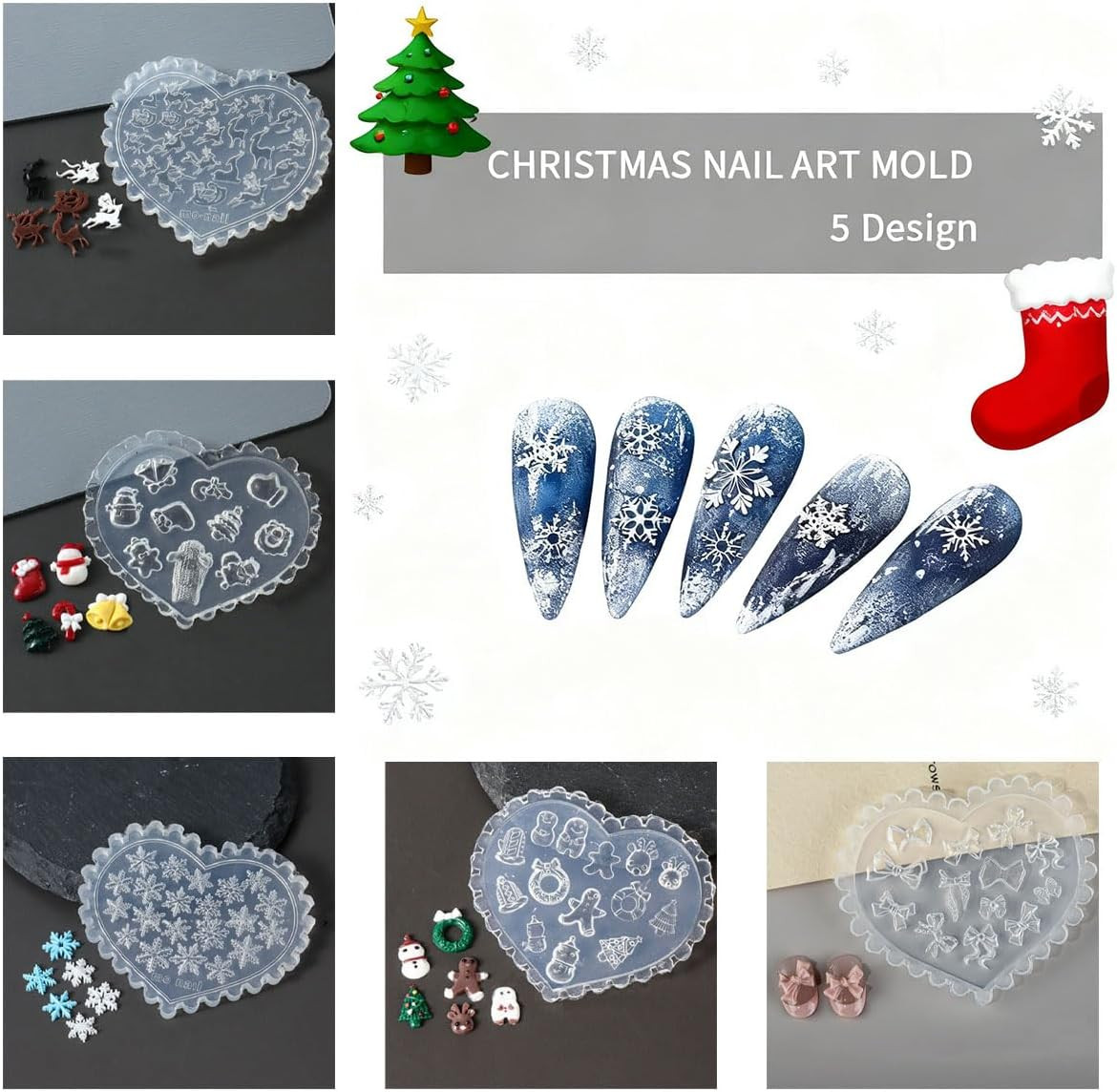 5 Pcs 3D Christmas Nail Art Molds, Silicone Nail Art Molds Resin Epoxy Charms fo