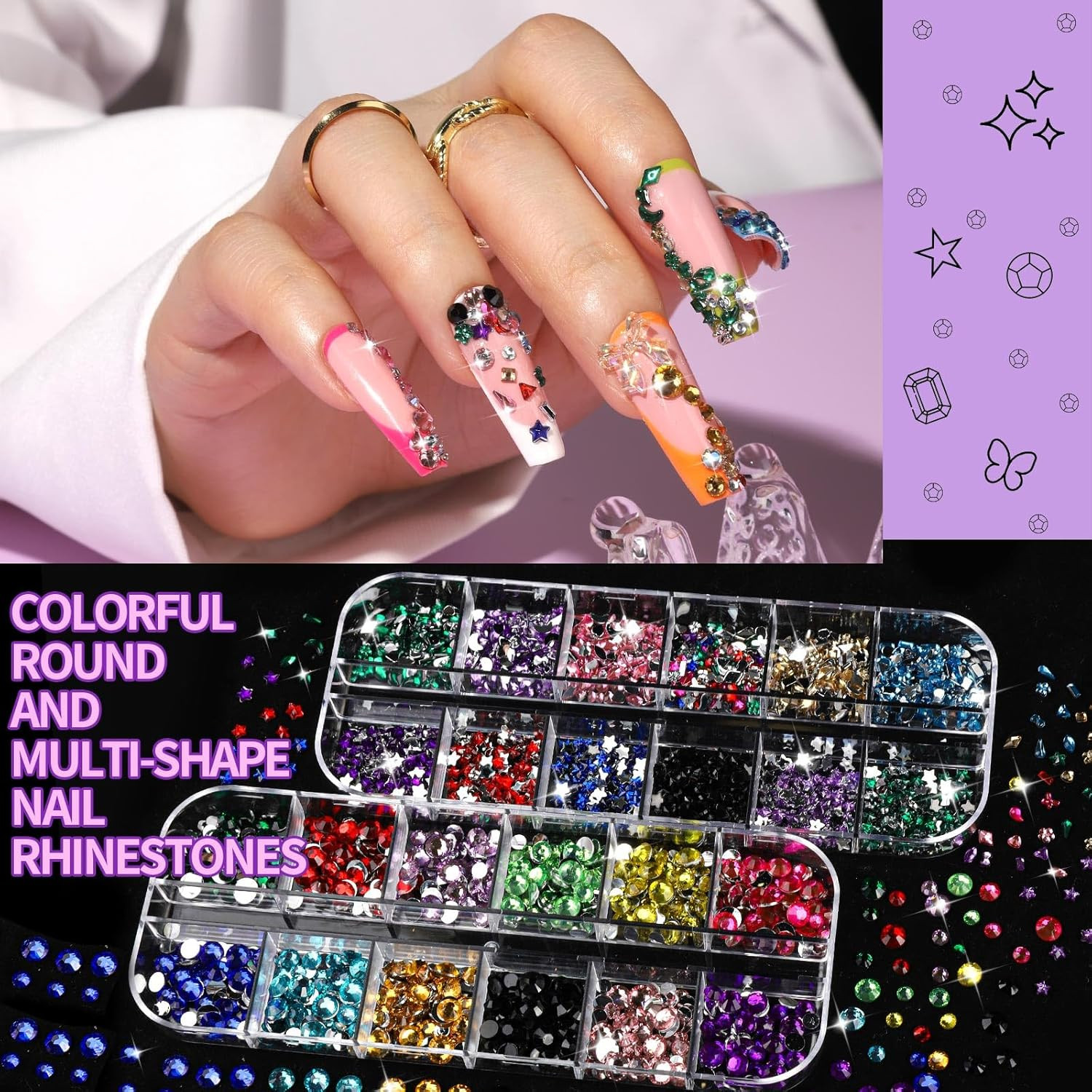 FANDAMEI Nail Charms and Gems, 8 Boxes Nail Art Kit for Design, Multi-Shape Rhin