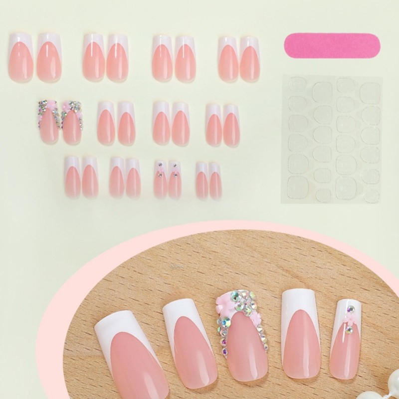 Unique 24Pcs Square Press On Nails with White French Tips and Embellishment