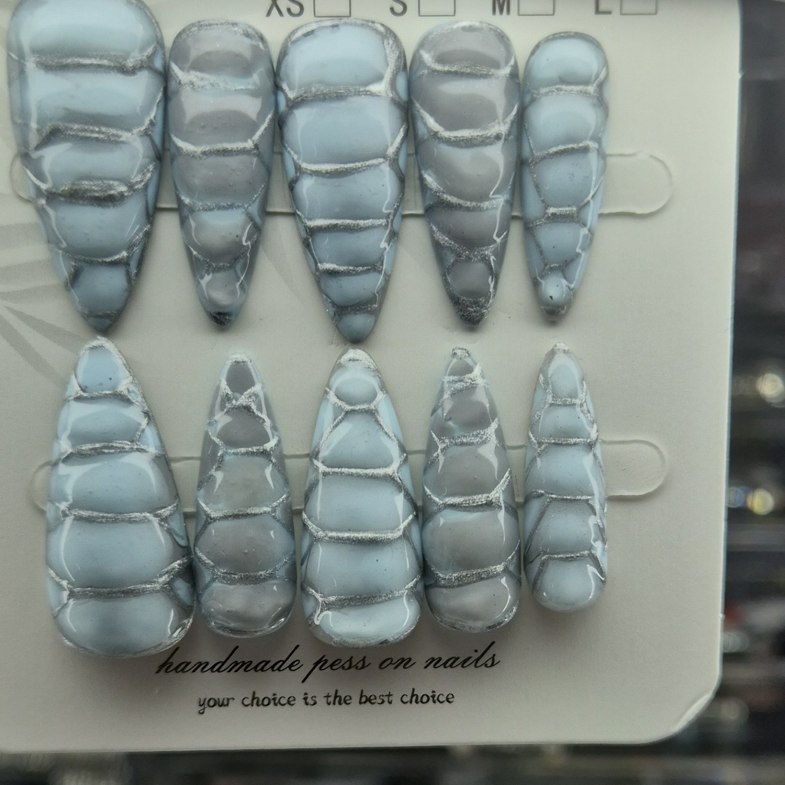 Blue Gray Shiny Marble Almond Press-On Nails Long Handmade Set