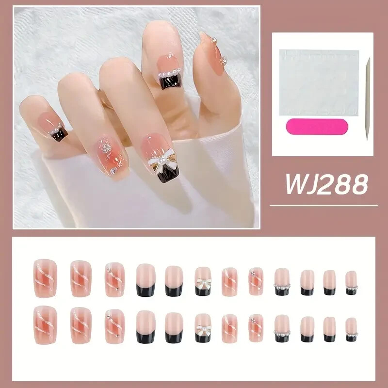 New – 3D Rhinestones Nails Full Cover Stick 24 pcs. ( Short Pink Black Tip) US