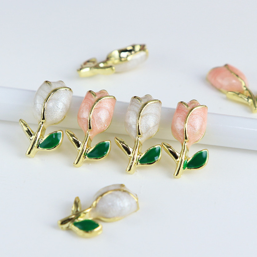 5PCS White Pink Tulip Flower Nail Art Case Charm 3D Metal Alloy Decoration NS54