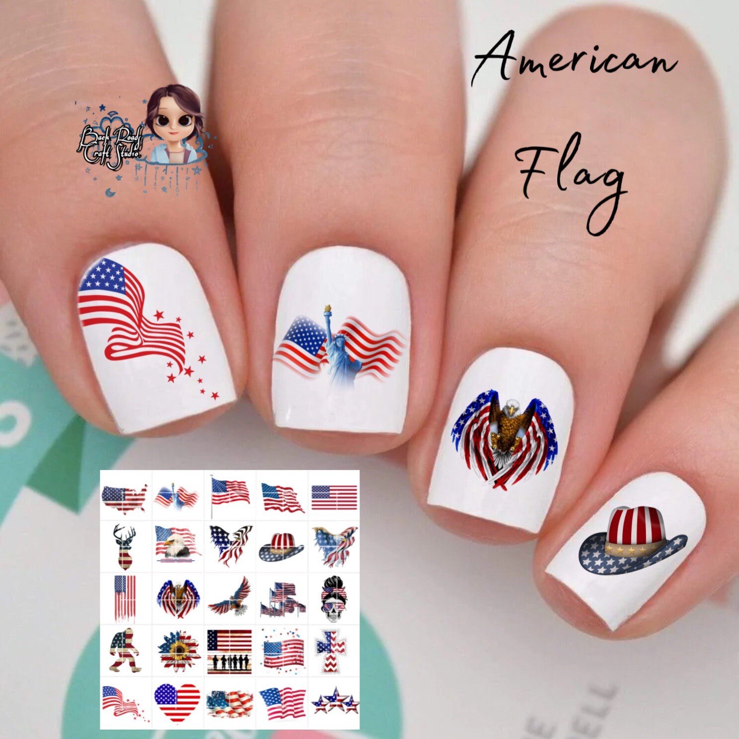 American Flag 4th of July Waterslide Nail Art Decals Set Of 50, Instructions