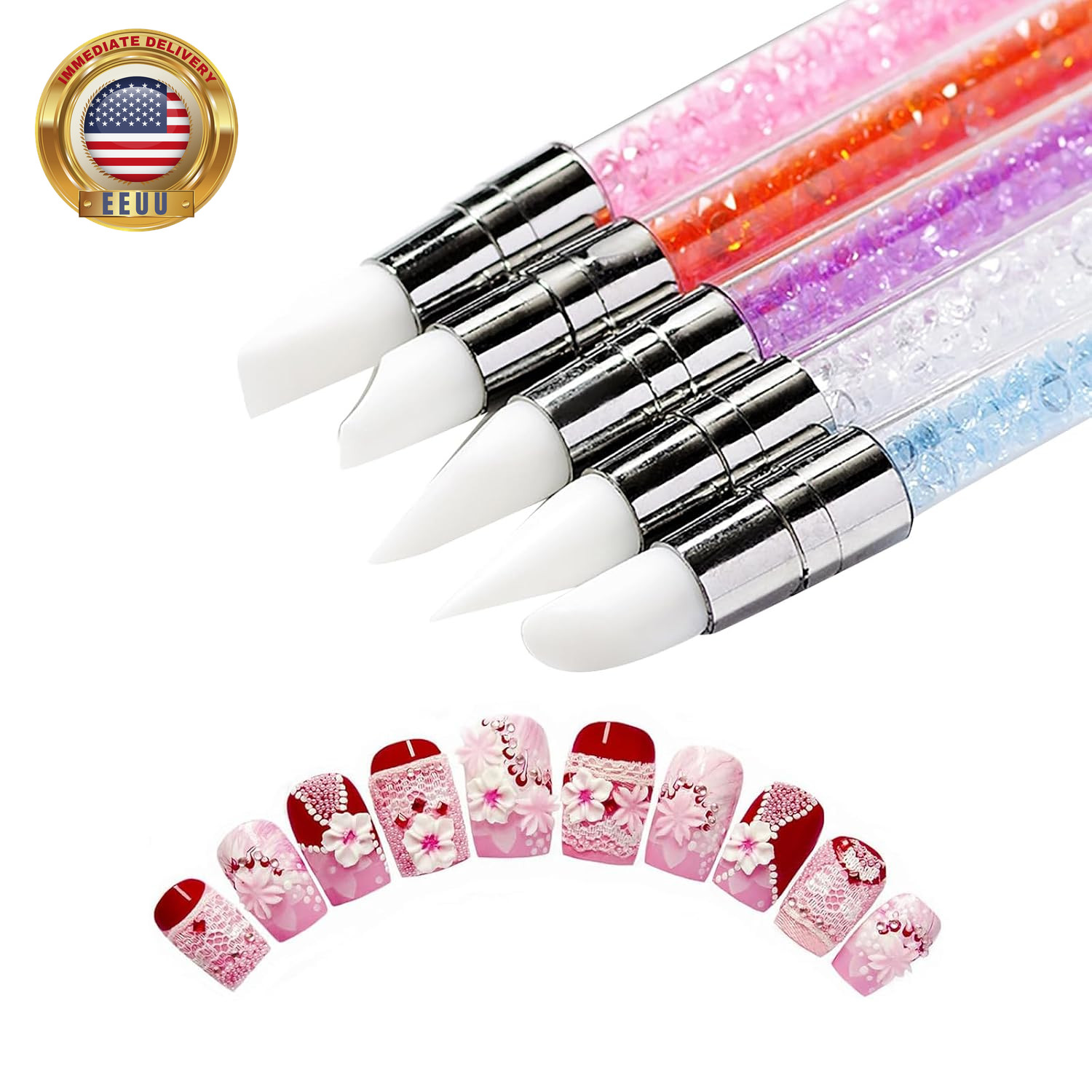 Nail Art Acrylic Pen Brushes, 5 Pcs Rhinestone Nail Art Brushes Dual Tipped Sili