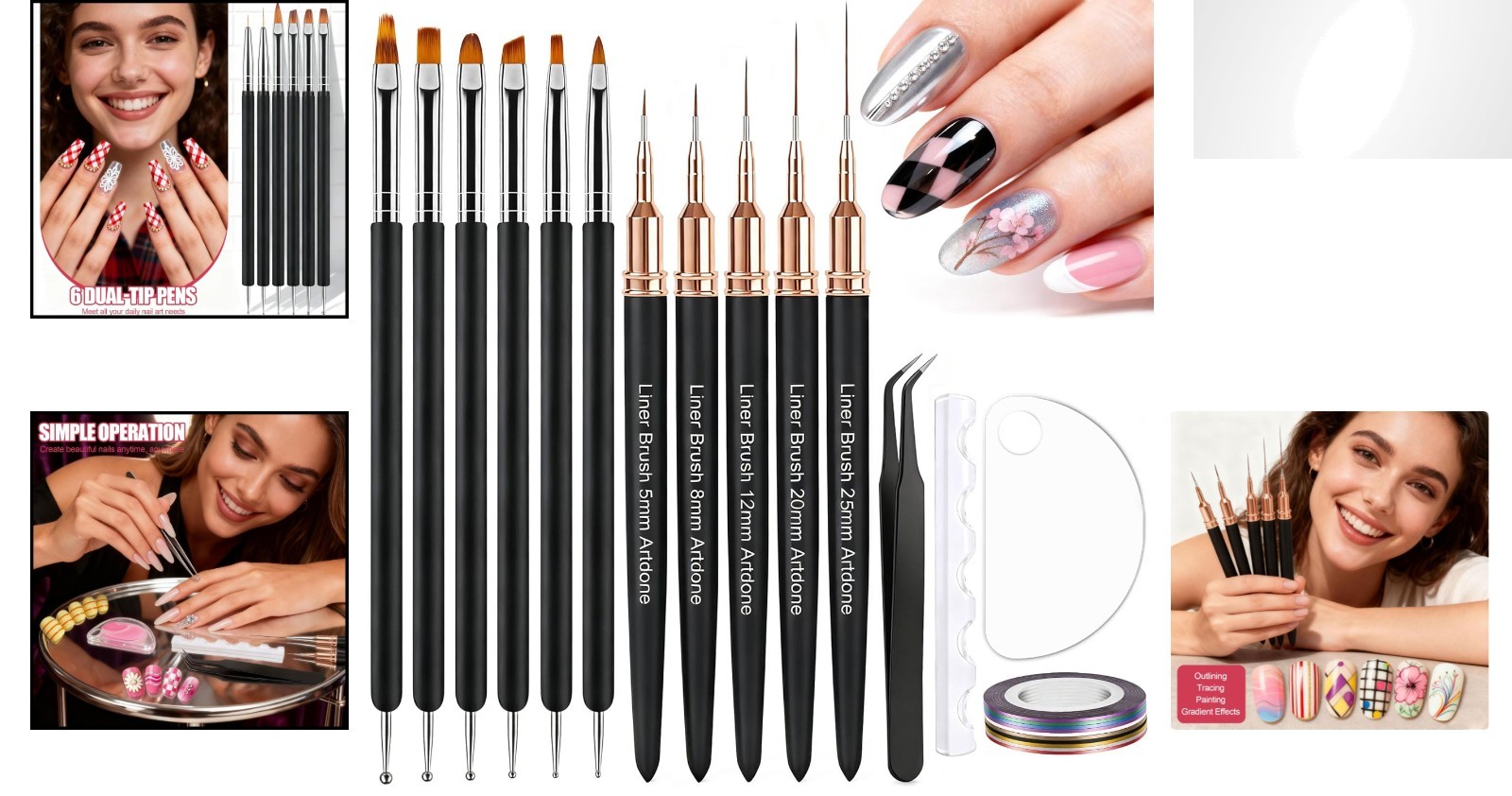 Elegant Nail Art Taping Kit: 10 Vibrant Colors with Essential Brushes & Tools