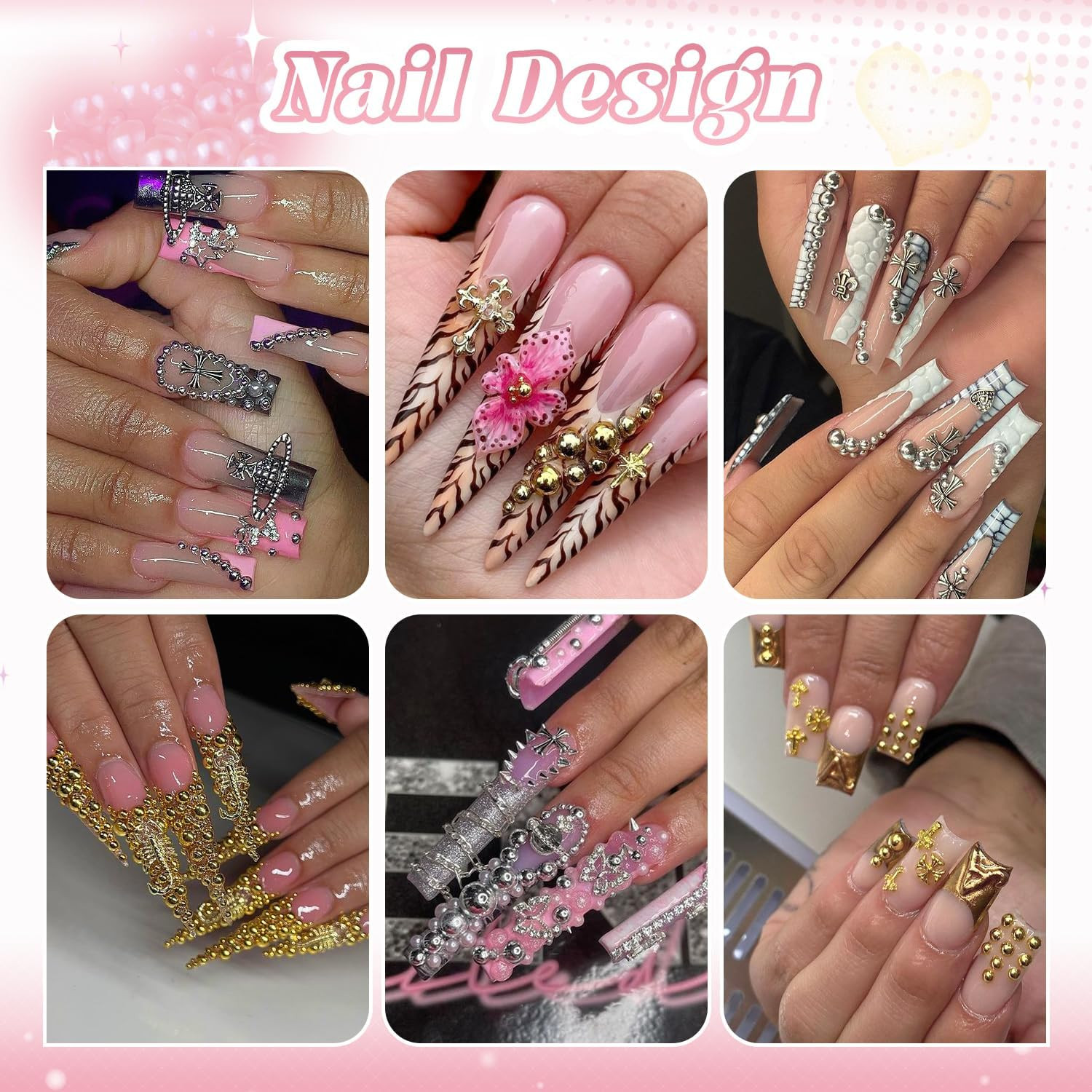 Silver and Gold Nail Charms and Gems, 1.5-5Mm 04 Nail Pearls(Gold+Silver) Set 3