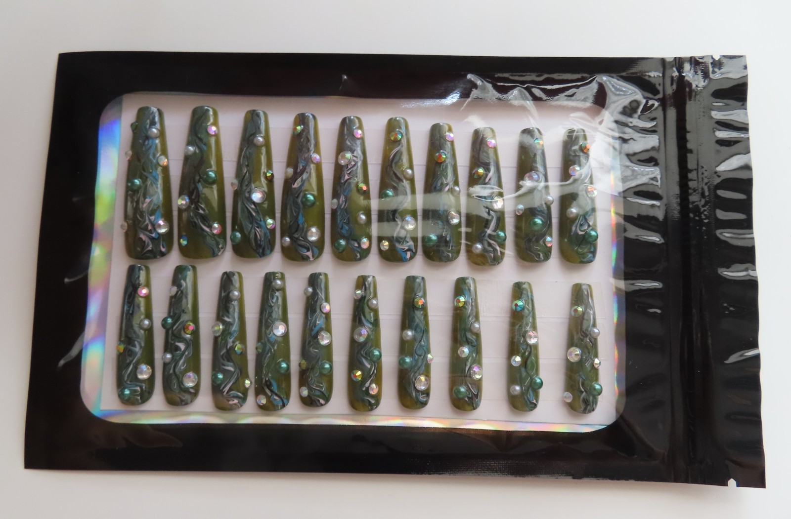 XL Dark Green Blue Marble Rhinestone Pearl Square Coffin Press On Nails (20)