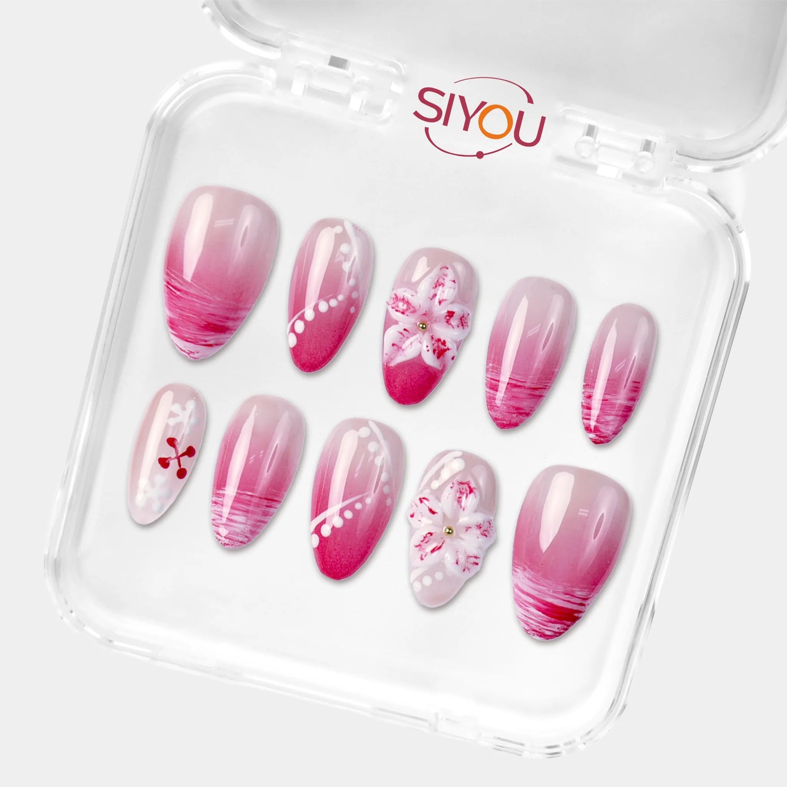 SIYOU Flamingo Rush Almond Pink, Red & White Press-On Nails 10pc