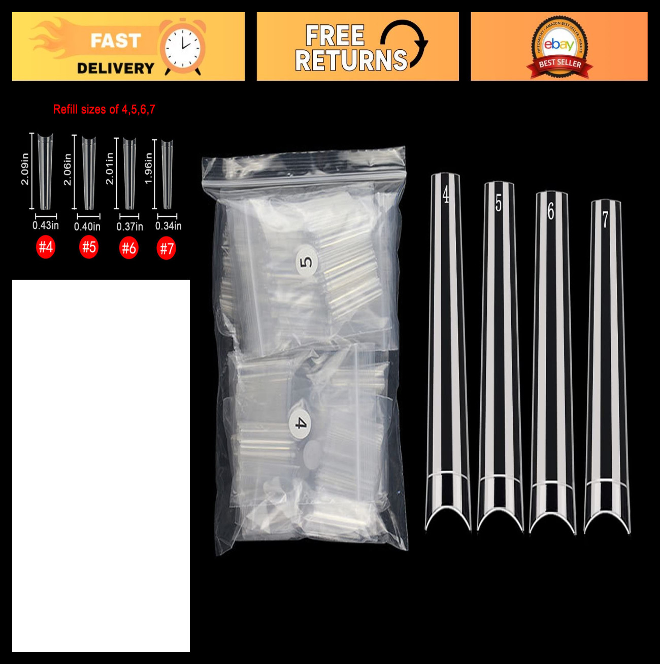 3XL Clear Acrylic Nail Tips – 600Pcs Half Cover Square Shape Coffin Nails, Sizes