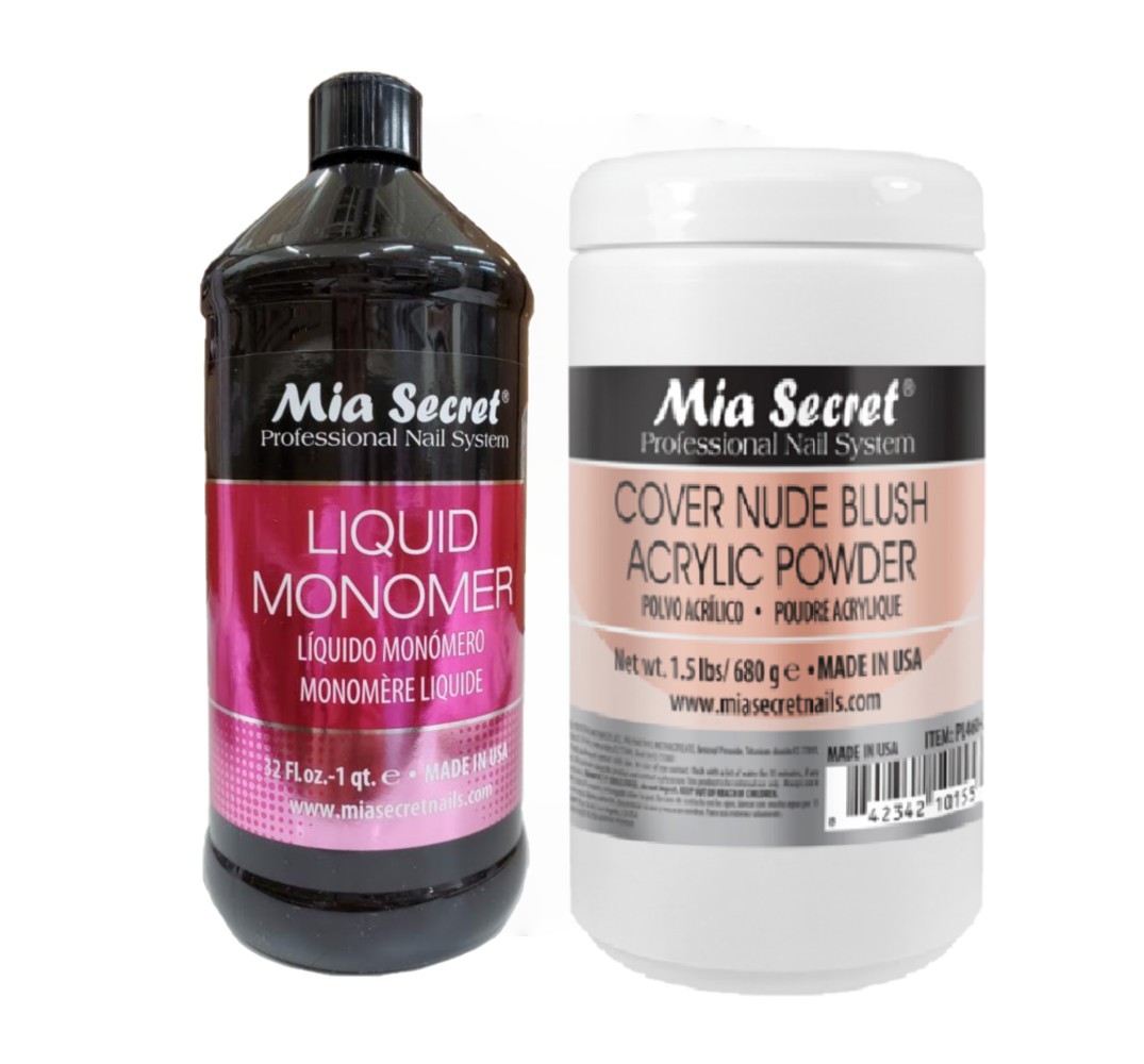 Mia Secret Nail Liquid Monomer 32 oz & Cover Nude Blush Acrylic Powder 1.5 lb